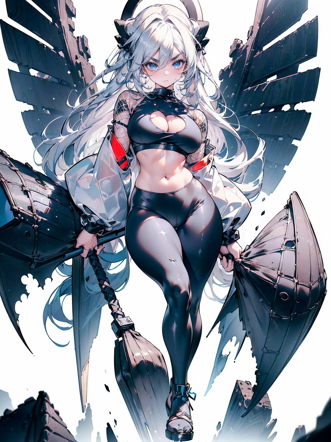 (White Hair Girl), (Thick, dark blue eyebrows:1.4), (Dark blue eyebrows:1.7), (Thick eyebrows:1.3), (Huge black fluffy animal ears:1.1), (Black animal ears:1.1), BREAK, (((Mesh Stitching Crop T-Shirt, Cutout Long Sleeve Top))),BREAK, (Big Breasts:1.2, Thick legs, Adult female body, Sturdy body:1.2), ((full body:1.7, Contrapposto:1.5)), (sharp eyes, Ultra-high definition CG, Precisely designed costumes, 4K, 8K, Ultra-high definition CG, Precisely designed costumes, Clear lines, Expressive and Captivating Eyes, Fine Details and Realistic Textures, cinematic lighting), ((white background)), BREAK, (Wearing black leggings with holes), Skinny sleeves, (Torn and holey leggings:1.2)(Black leggings:1.4), (過剰なRuggedThick soleブーツを履いています:1.2), (Thick sole:1.5), (Big shoes:1.3), ((Beam SE, embarrassed))