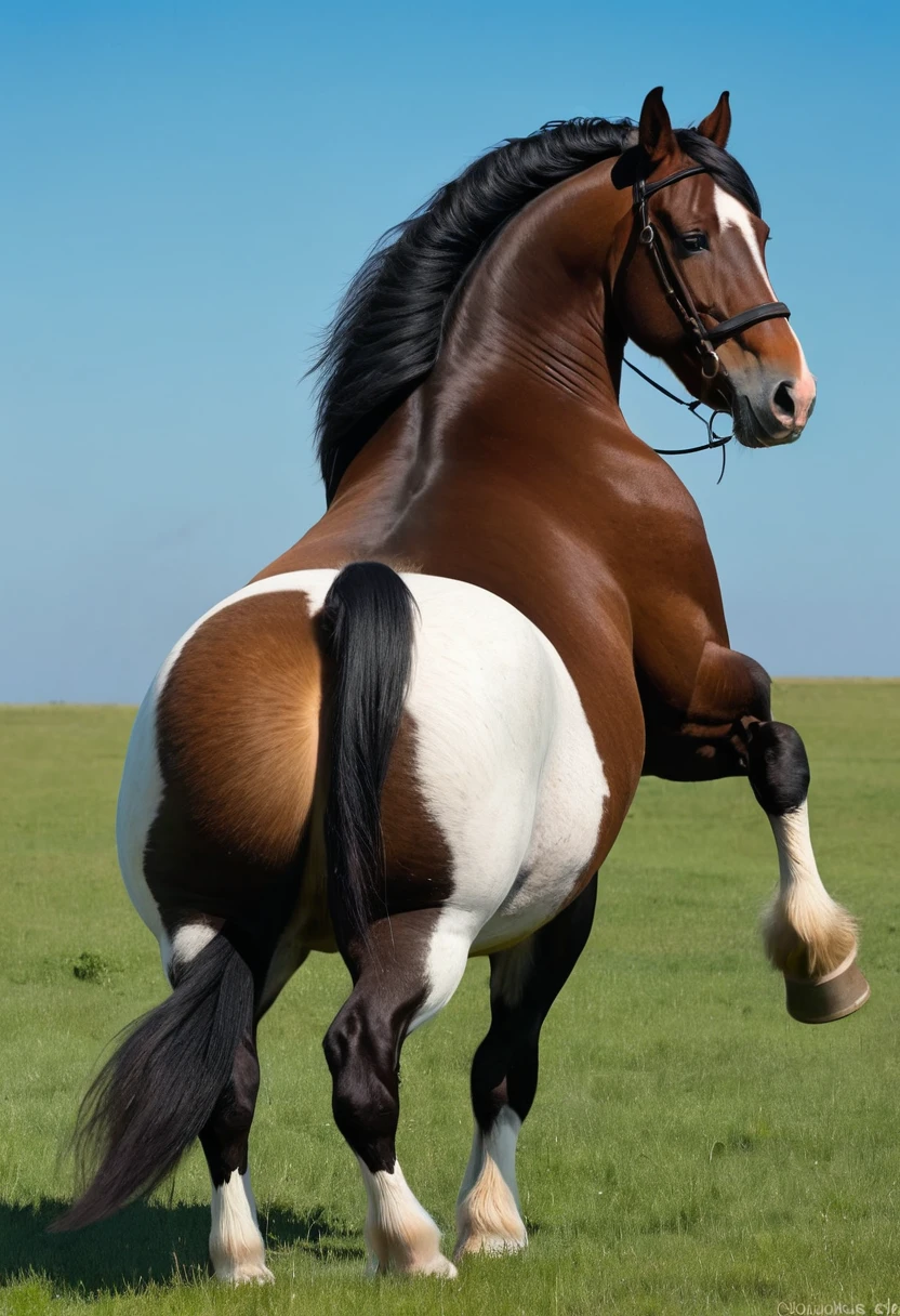 big fat Belgian draft horse  mare. massive bum. very short tail. horse facing horizon . very full figured, very dark skinned, BBW, nude African woman riding horse. flat grass meadow. a  single huge  pile of steaming horse dung behind horse.   cloudless blue sky. 