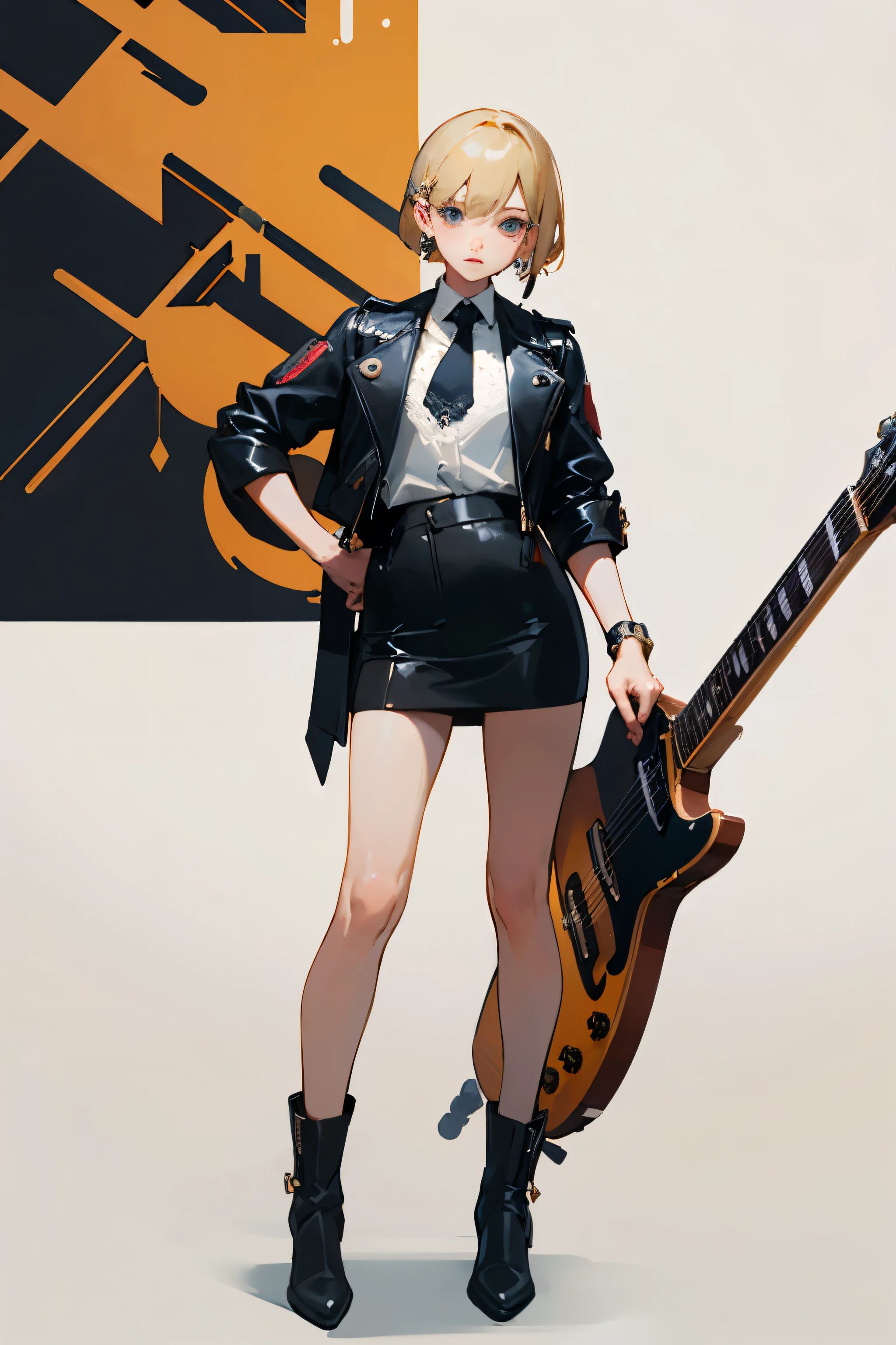 ((Highest quality)), ((masterpiece)), (detailed), One girl, Full body illustration,Blonde,career woman,Background is white,short hair,Lace sleeves,White blouse,Black tie,Black leather jacket,Guitar earring in right ear,