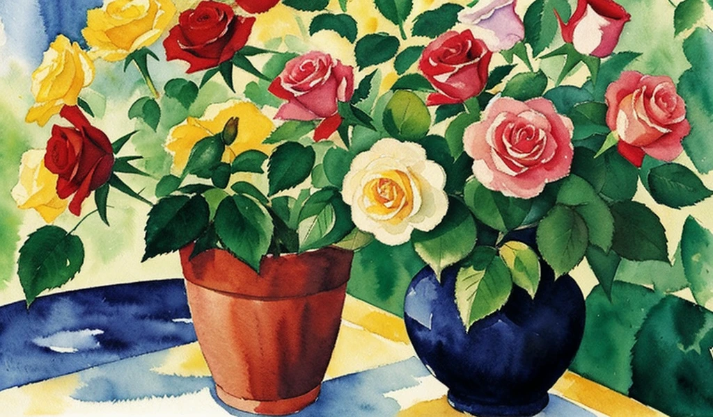 august macke style watercolor floral painting rose plants under sunshine