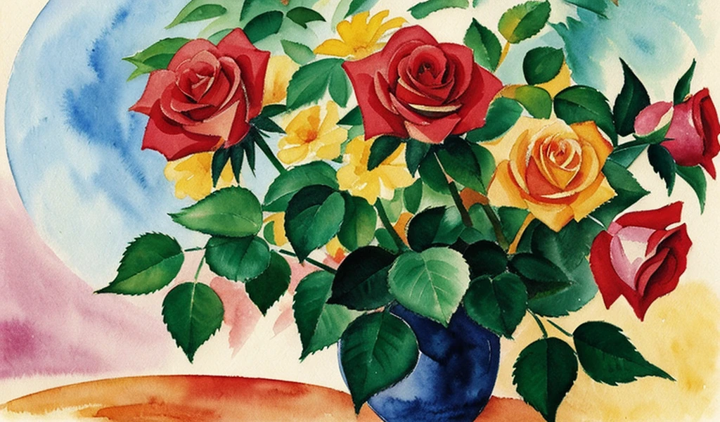 august macke style watercolor floral painting rose plants under sunshine