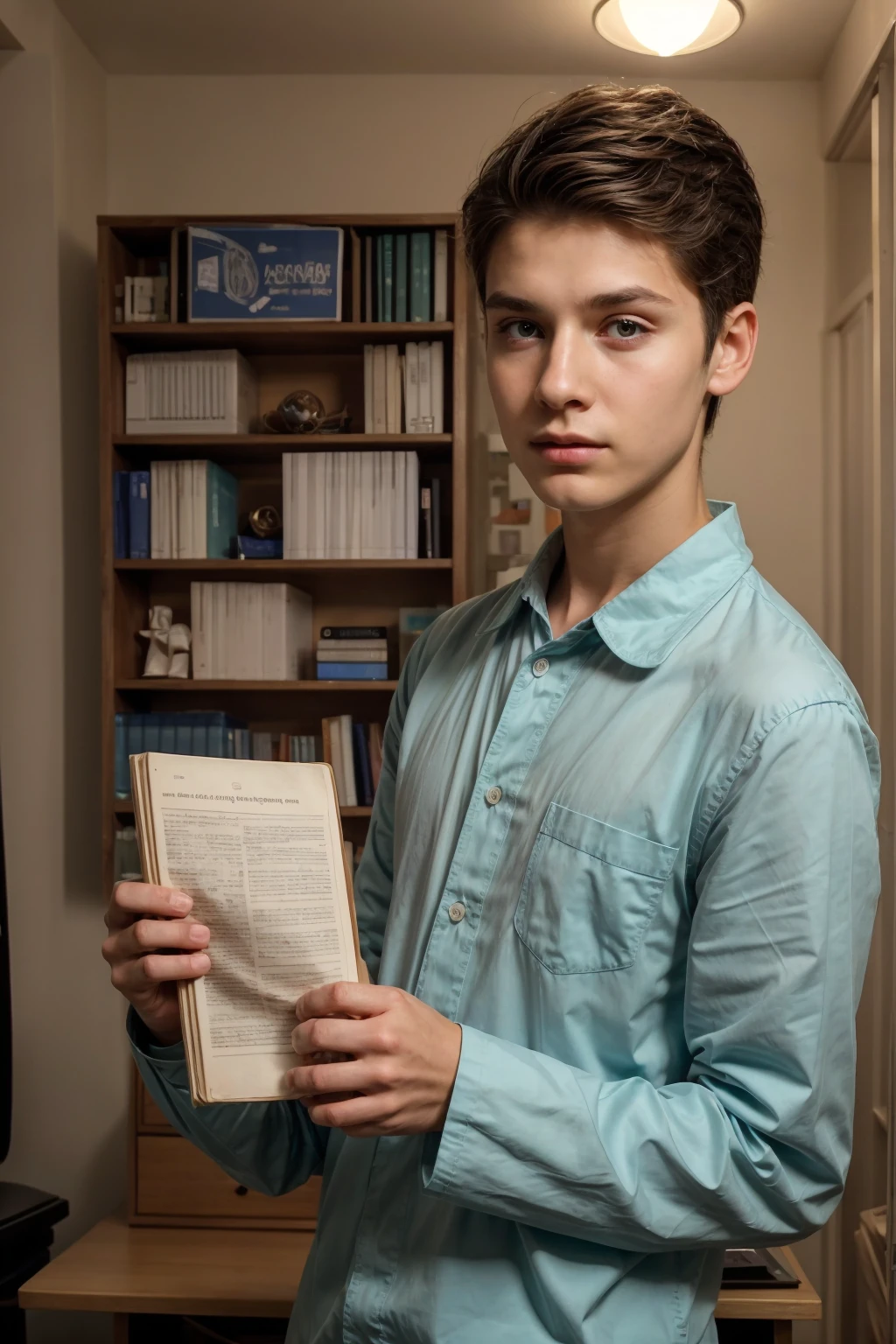 A young male twink, cute and beautiful, with a beautiful face with makeup and blush, and black hair, and his eyes have dark circles under them. He is wearing a long-sleeved aquamarine shirt and white jeans. He is in his scientific office, studying on the blackboard with brain anatomy written on it, and on his desk are medical and scientific books. Brain anatomy manuscripts