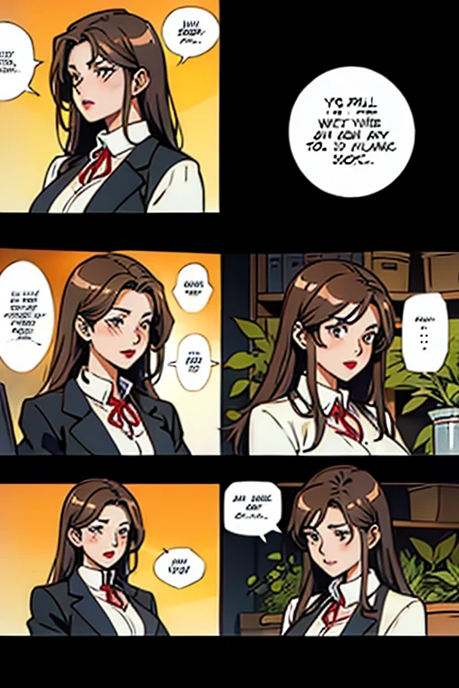 Middle aged women with long brown hair  with lipstick ,making herbal medicine , manga page with panels and dialogue    