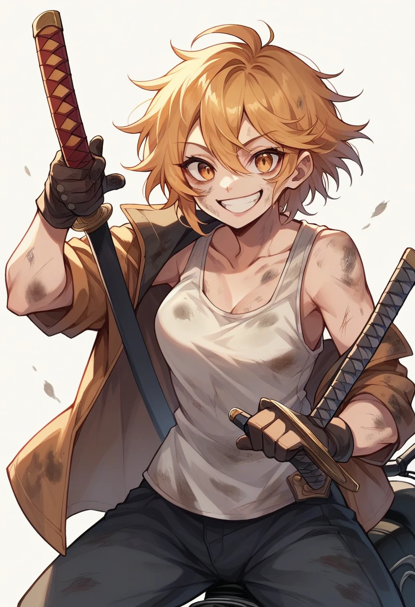 Girl on a cruiser motorcycle, streetwear medium chest, dystopia, golden hair, golden eyes, big smile, happy, katana, dirty