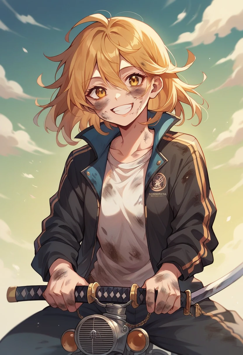 Girl on a cruiser motorcycle, streetwear medium chest, dystopia, golden hair, golden eyes, big smile, happy, katana, dirty