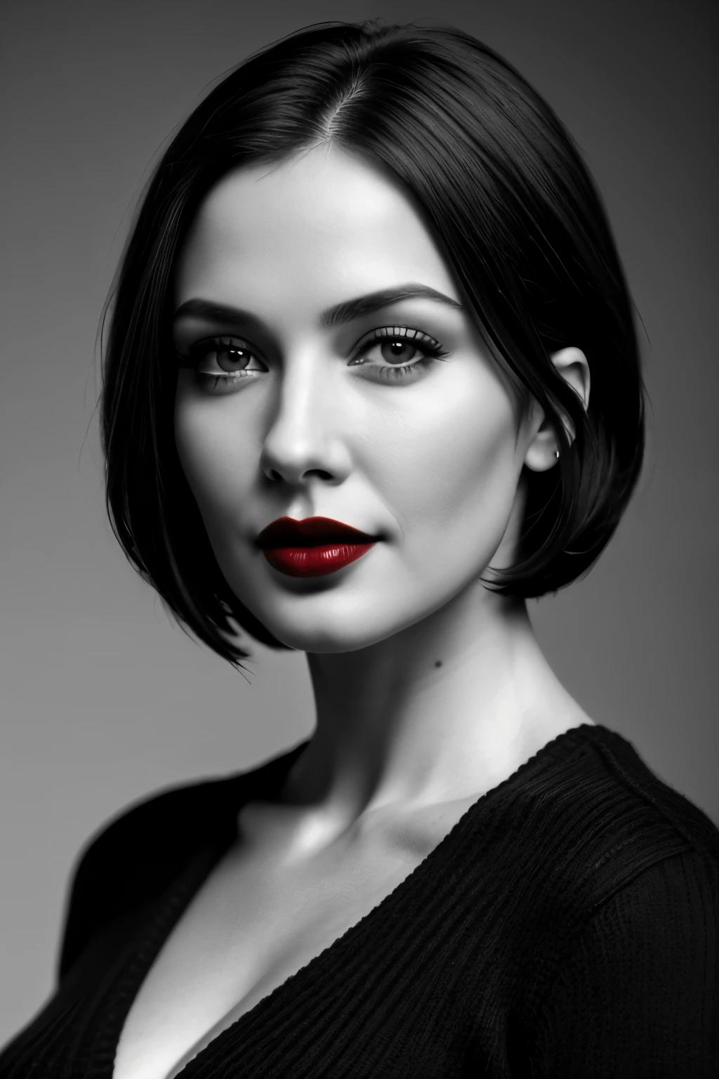 Tabletop, Highest quality, Realistic, Very detailed, finely, High resolution, 8k wallpaper, RAW Photos, Professional, High level of detail, 1 Girl, (((Black and white photography))), (((Red lips))), ((Looking into the camera)), (look forward to), Upper Body, short hair, Bob Hair, (Straight hair), Shapely breasts, Cleavage, White V-neck light knit sweater
