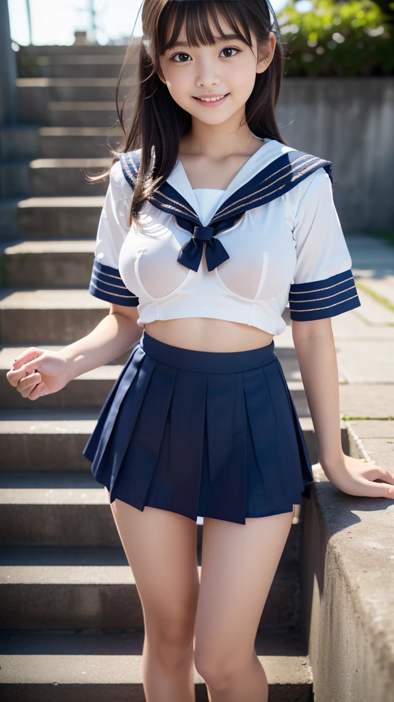 8k UHD、Digital single-lens reflex camera、High resolution、shallow depth of field、Natural light、(((sailor suit)))、(((Dark blue super mini skirt)))、(((full body shot)))、small person、(((young face)))、1 Japanese girl、; beautiful girl、(black hair)、(((brown eyes)))、Glossy skin、smooth thin hair、long hair、detailed background、highly detailed eyes and face、clear eyes、cute smile、Calm atmosphere、(((climb the stairs)))、(((detailed small breasts)))、(((beautiful eyes)))、petya pie、children `s、(((tight thighs)))、(((white panties)))、(((angle from below) ))、(((detailed lips)))、(((The skirt is fluttering)))、beautiful shining legs、((nsfw))