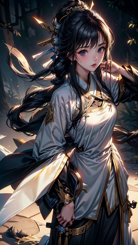 female japanese assassin, wearing assassin cloth of white and yellow, UHD, semi realistic, 8K
