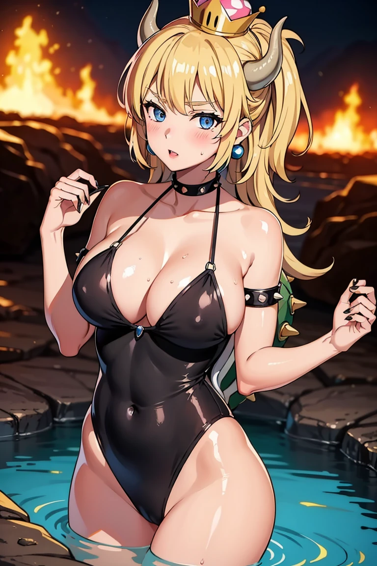 best quality, high resolution, large breasts, blonde hair, blush, embarrassed, cowboy shot, looking at viewer, bowsette, pink lip, (into the volcano), (bathing in lava), sexy legs, black slingshot swimsuit, (((oiled body)))