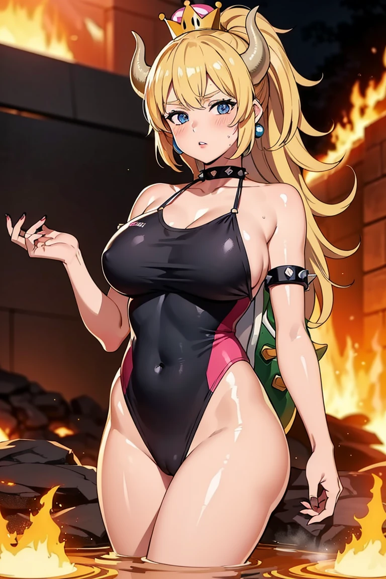 best quality, high resolution, large breasts, blonde hair, blush, embarrassed, cowboy shot, looking at viewer, bowsette, pink lip, (into the volcano), (bathing in lava), sexy legs, black slingshot swimsuit, (((oiled body)))