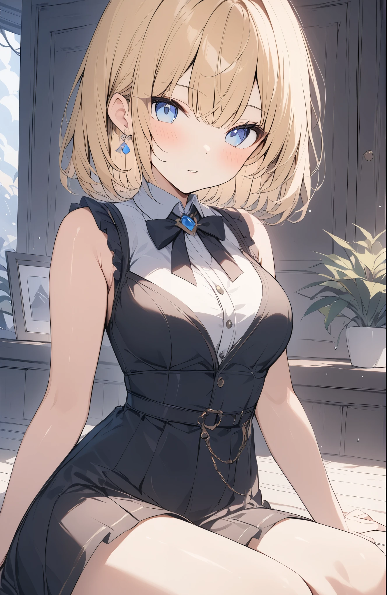 idoly, tmasterpiece, top-quality, beauitful face, absurderes, HDR, (cowboy lens, White ruffled lace mini dress, white collar, White ruffled cuffs, Particle: 1.5), (blooms, with light glowing: 1.4), (ssmile), (Short blonde hair, Yellow eyes: 1.7), Sharp focus, realisticlying, A high resolution, best detail, ultra - detailed, Detailed face and eyes, Sharp pupils, realistic pupil, tack sharp focus, Radiant skin, (black corset: 1), (dark studio, deep dark background:1.5),edge lit,Dynamic and cinematic lighting,(((Skirt lift:1.3))),((White panties visible))),(pantiess,semi transparent)(Female genital organs are visible to the naked eye)(Female genital outflow,Translucent milk-white liquid)(Along the female genital organs,Flowing underground)