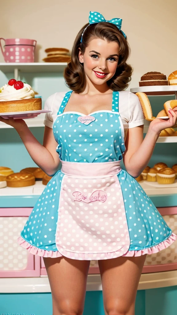 photo of a brunette pinup holding a cake in an apron in pinup style beautiful smile beautiful bakery bright light colors pastel mini skirt with polka dots posing in pinup style sexy