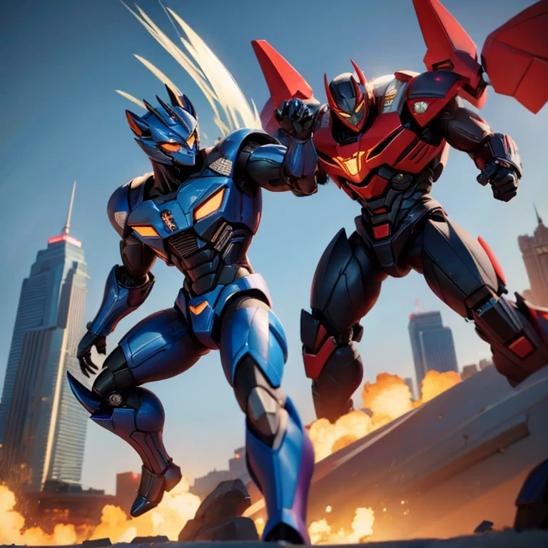 A transformer based on a spider (Decepticon) fights a transformer themed around a Cheetah (Autobot), robot battle in New York, explosions, high action