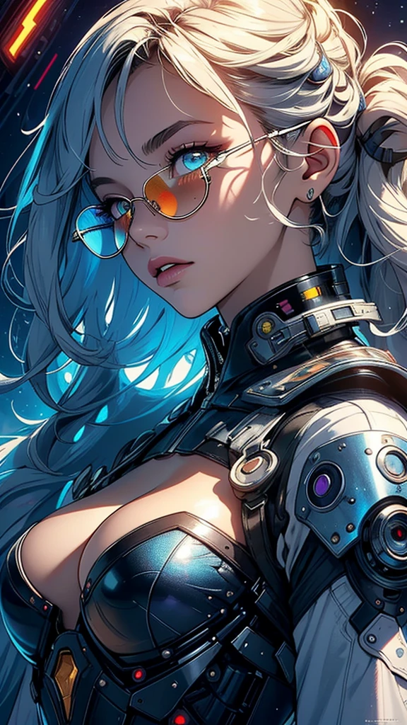 (((masterpiece, highest quality))),(((solo:1.2))),(((1girl:1.2))),32k wallpaper, very detailed,(((((portfolio))))),(((((Close-up))))),(((((bust up))))),((((more various angle)))),(((highlight))),((((heterochromia)))),(((complete. detailed face))),((((Extremely talented)))),((((Wonderfully detailed complicated machine)))),((((genius mechanic)))),((Overall colorfully)),(((futuristic galaxy))),(((perfect clear skinn))),(((Cleavage))),(((Latest model sunglasses))),(((reflection neon))),(halftone texture)
