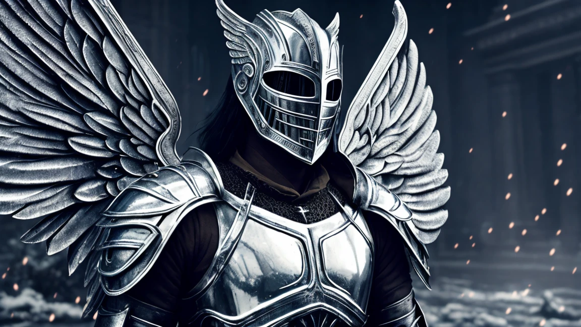 Close-up of a stunning male angel dressed in gleaming silver metallic armor, with magnificent white wings. The scene is cold and dark, with a damp and gloomy atmosphere. Cinematic image; photorealistic; photo realistic DVD screenshot of 1987 Dark Souls fantasy film