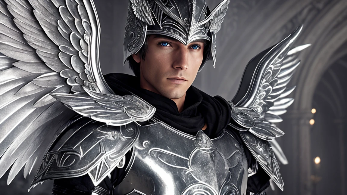 Close-up of a stunning male angel dressed in gleaming silver metallic armor, with magnificent white wings. The scene is cold and dark, with a damp and gloomy atmosphere. Cinematic image; photorealistic; photo realistic DVD screenshot of 1987 Dark Souls fantasy film 