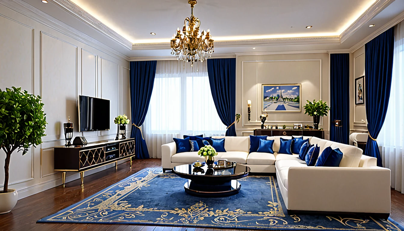 Describe a luxurious room with a single-story design, featuring a miniature Eiffel Tower as a central decoration, a modern TV and stereo system, a wine table setting, a white cushion, a deep blue sofa, white curtains, a potted plant, and a pendant light. The room is illuminated at night. Please provide a detailed description with high-quality visuals (16K resolution) that showcases the room's elegance and beauty." I made the following changes to improve the prompt: 1. Broke down the original sentence into multiple sentences to make it easier to understand. 2. Added specific details about the room's design and decorations to help the model create a clear and accurate description. 3. Specified the type of lighting in the room to ensure the model captures the correct ambiance. 4. Emphasized the desired level of detail and visual quality (16K resolution) to ensure the model generates a high-quality description. 5. Used more descriptive language (e.g., "luxurious room", "modern TV and stereo system