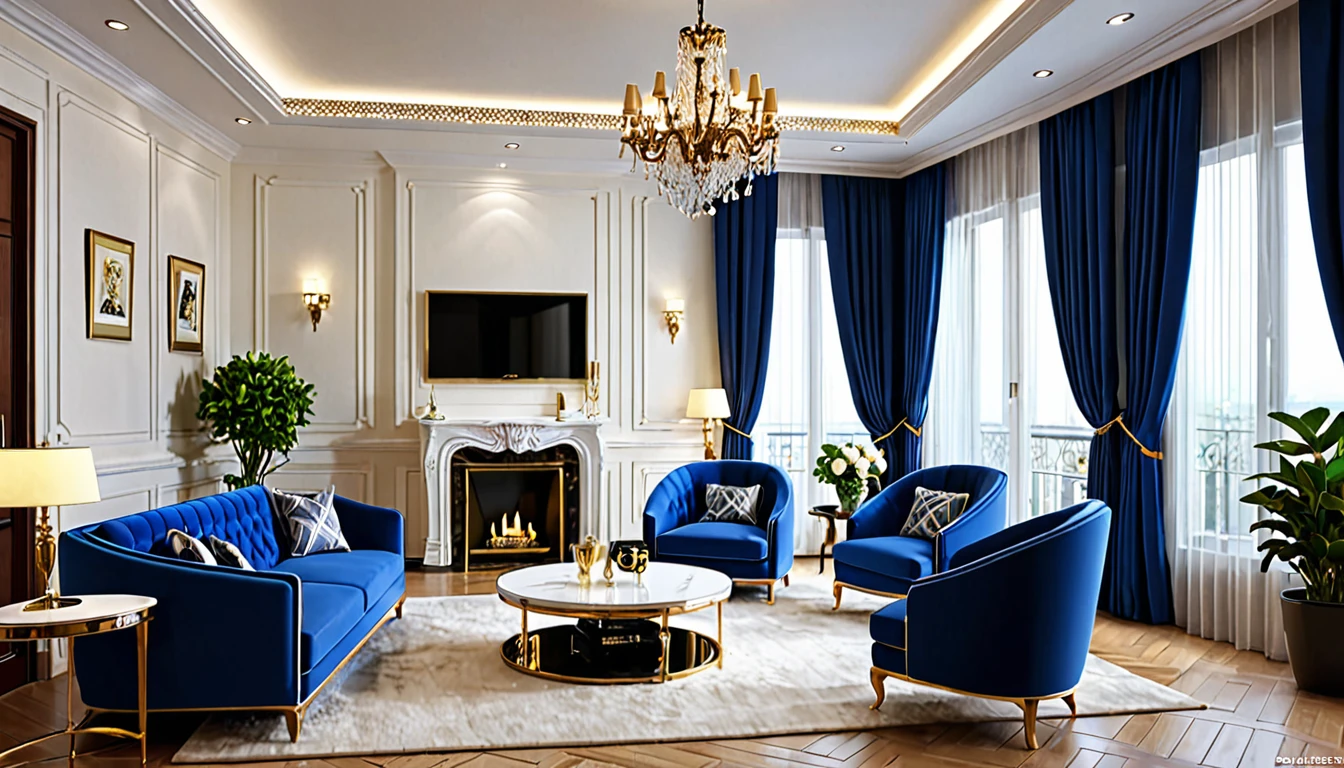 Describe a luxurious room with a single-story design, featuring a miniature Eiffel Tower as a central decoration, a modern TV and stereo system, a wine table setting, a white cushion, a deep blue sofa, white curtains, a potted plant, and a pendant light. The room is illuminated at night. Please provide a detailed description with high-quality visuals (16K resolution) that showcases the room's elegance and beauty." I made the following changes to improve the prompt: 1. Broke down the original sentence into multiple sentences to make it easier to understand. 2. Added specific details about the room's design and decorations to help the model create a clear and accurate description. 3. Specified the type of lighting in the room to ensure the model captures the correct ambiance. 4. Emphasized the desired level of detail and visual quality (16K resolution) to ensure the model generates a high-quality description. 5. Used more descriptive language (e.g., "luxurious room", "modern TV and stereo system