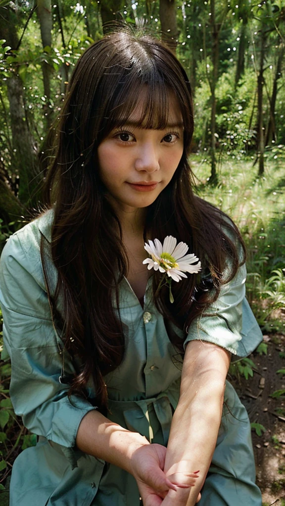 Girl picking flowers in the forest. Stroking a wild horse encountered in the forest.