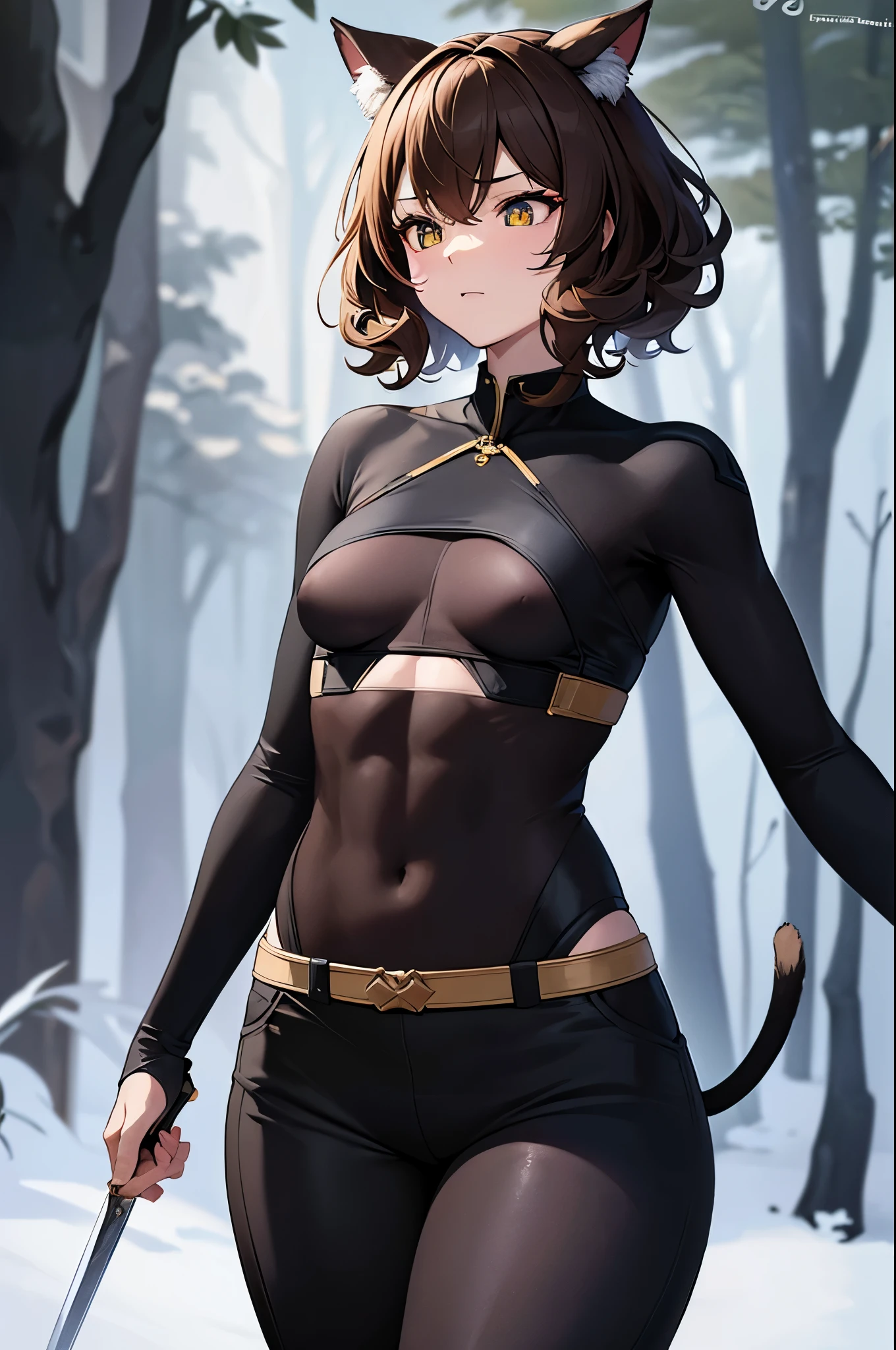 8K,写真を撮るsmall  cat girl, small  cat girl, Her light brown hair and short curly hair are attractive., Fantasy art, little cat girl, Vojtek Fuss,Very small yellow and black  armor, Chiquita, Trending on cgstation,In the woods,Grim expression,Light brown permed short hair,attractive,Ultra-high resolution,Realistic Skin,has cat eyes,Rich colors, Backlight, Cinema Lighting, Film Grain, 50mm lens, Nikon D850,Ultra-high resolution,Ultra-realistic,Compensate,Super sexy,Very violently、Strong abdominal muscles,Big eyes,whole body muscular,concentrated,Strengthen all your muscles,Dynamic pose,と黒のVery small の胸鎧,and black combat trousers,Very small breasts,Hold a short sword,anger,Combat,Throwing Short Swords,