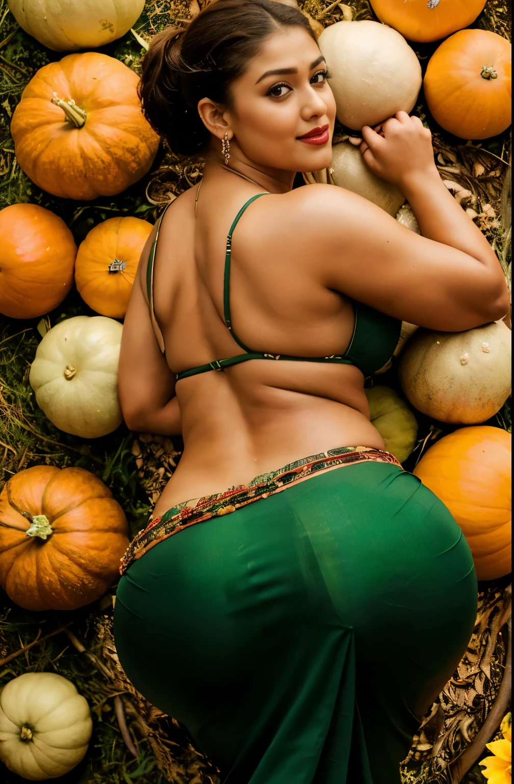 extreme close up photo of back of naked 30 years old naked nayanthara lying on big pumpkins with wide open spread ass anal from top view, hourglass figure, swooping breasts, deep cleavage, curvy, armpits, seductive eyes, ass, look at viewer lusciously, subtle smile, erotic standing having sex with big pumpkins with wide open spread legs, green vintage Saree, red lips, sultry, ponytail, 4K, HD