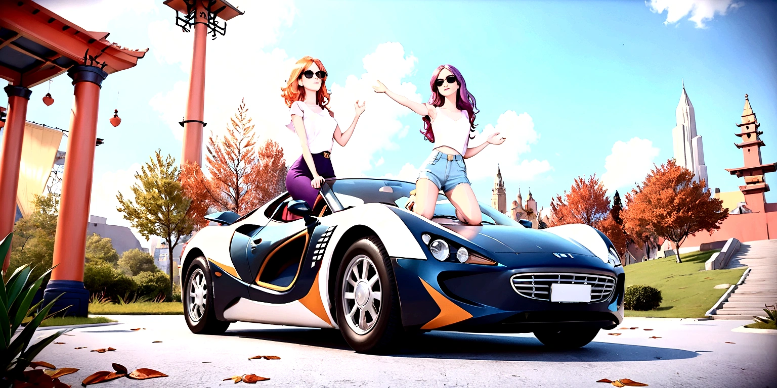 （Highest quality，4K，8K，High resolution，masterpiece:1.2）women are、She is leaning on the hood of her car, smiling and holding her hands up towards the sky、(Highest quality:1.2, City Pop Style, Very detailed, up to date, Vibrant, High Contrast, masterpiece:1.2, Highest quality, Best aesthetics), girl, ((Face Up Shot:1.4)), Colorful Hair, Bobcut, pastel colour, 1980s style, ((Retro, Vintage, Solid color background)), (sunglasses).