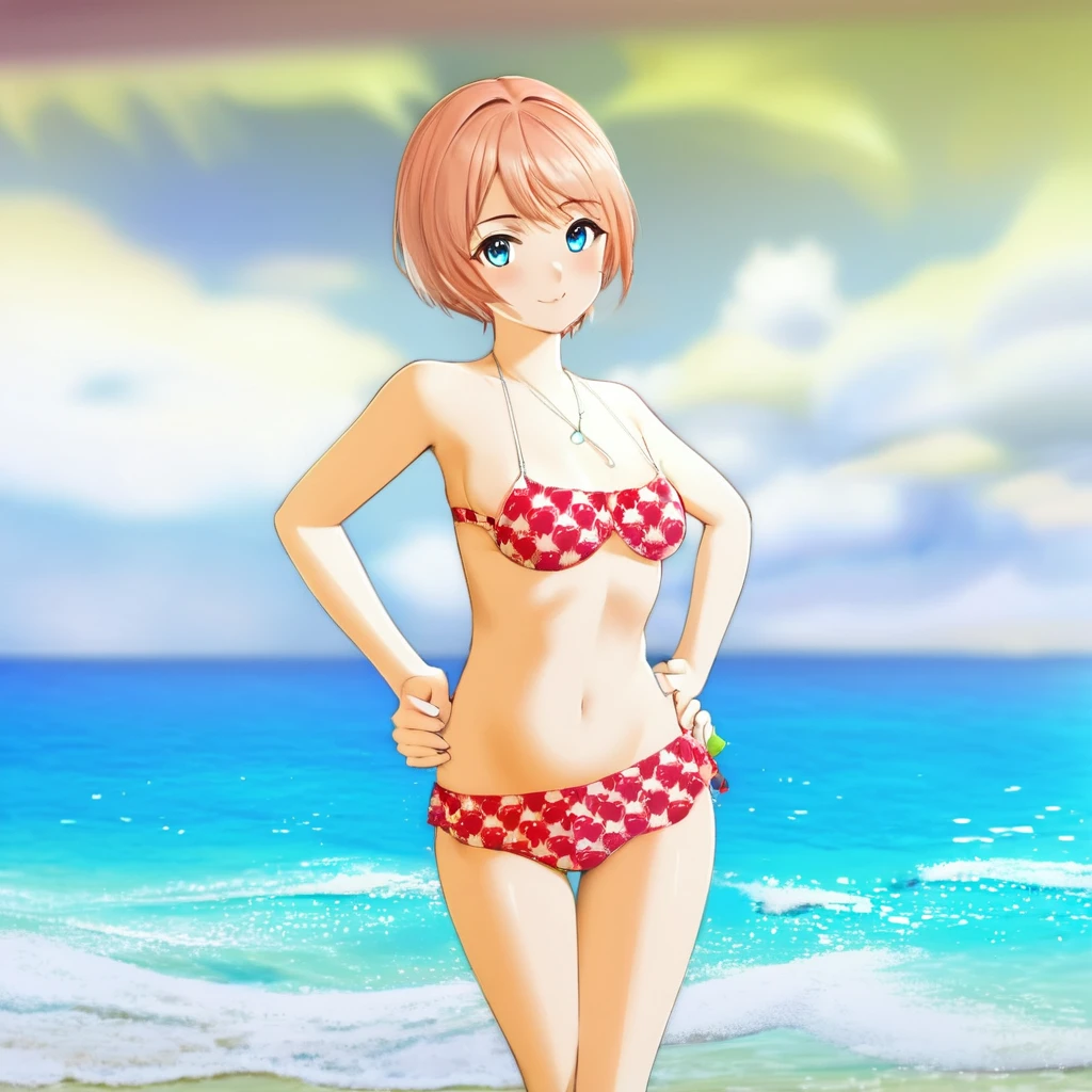 cartoon girl in a bikini standing on the beach with her hands on her hips, realistic bikini, clothing: bikini, Smooth anime CG art, is wearing a Swimwear, Beautiful and attractive anime woman, Girl on the beach, Swimwear, Beautiful and attractive anime , Created by Anime Painter Studio, Cute 3D anime girl render, in retro Swimwear, Swimwear