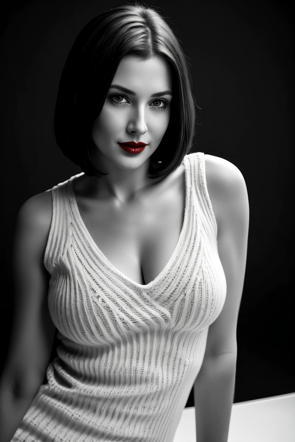 Tabletop, Highest quality, Realistic, Very detailed, finely, High resolution, 8k wallpaper, RAW Photos, Professional, High level of detail, 1 Girl, (((Black and white photography))), (((Red lips))), ((Looking into the camera)), (look forward to), Upper Body, short hair, Bob Hair, (Straight hair), Shapely , , White V-neck light knit sweater