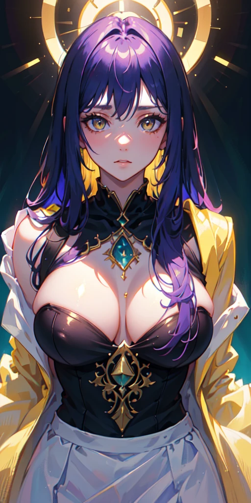 a beautiful young woman with vibrant purple hair, glowing yellow eyes, wearing a long white coat, elegant and sensual, (best quality,4k,8k,highres,masterpiece:1.2),ultra-detailed,HDR,extremely detailed eyes and face,longeyelashes,highfashion,dramatic lighting,cinematic,hyperrealistic,intricate details,vivid colors,photorealistic