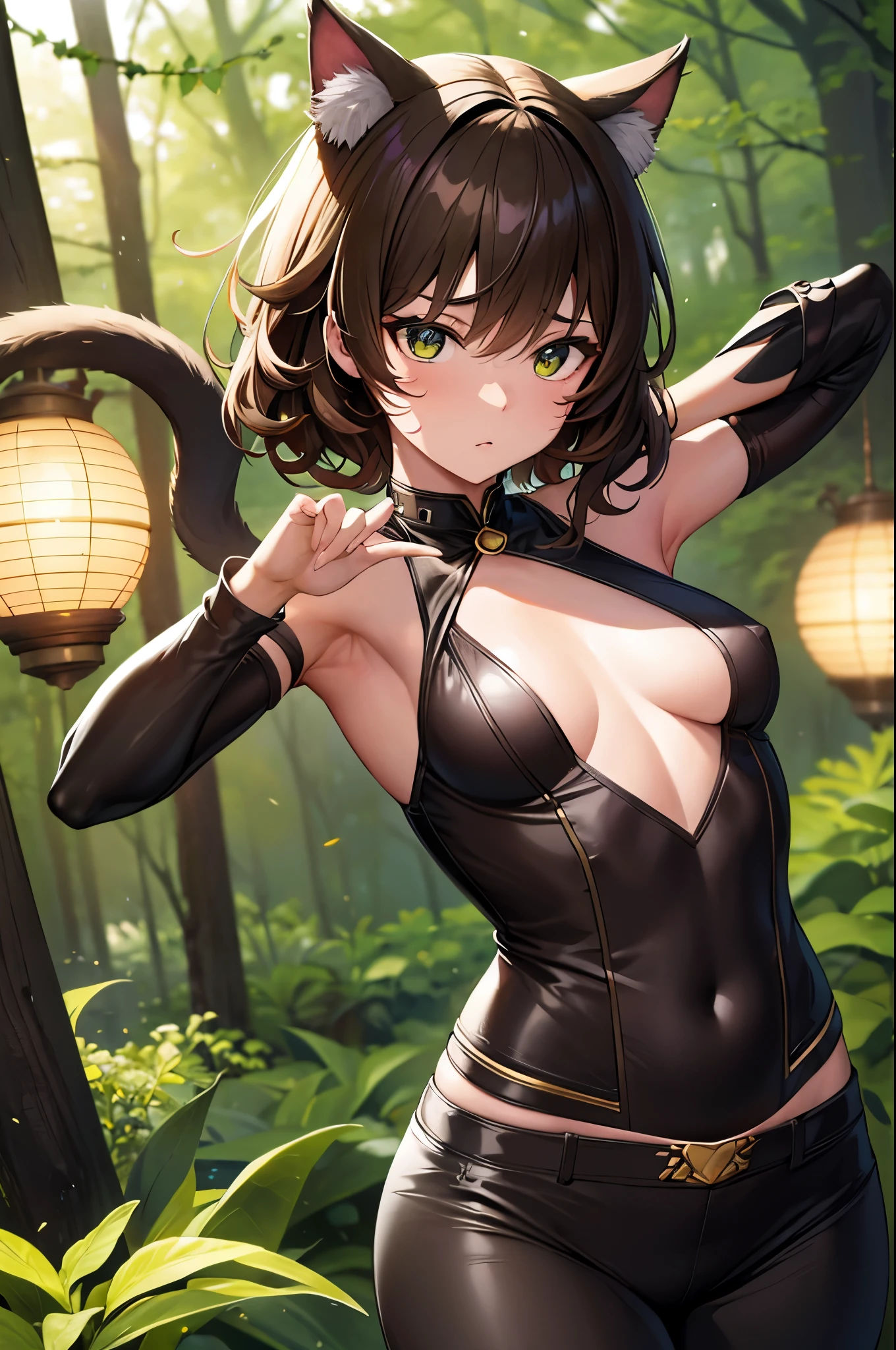 8K,写真を撮るsmall breasts cat girl, small breasts cat girl, Her light brown hair and short curly hair are attractive., Fantasy art, little cat girl, Vojtek Fuss,Very small yellow and black chest armor, Chiquita, Trending on cgstation,In the woods,Grim expression,Light brown permed short hair,attractive,Ultra-high resolution,Realistic Skin,has cat eyes,Rich colors, Backlight, Cinema Lighting, Film Grain, 50mm lens, Nikon D850,Ultra-high resolution,Ultra-realistic,Compensate,Super sexy,Very violently、Strong abdominal muscles,Big eyes,whole body muscular,concentrated,Strengthen all your muscles,Dynamic pose,と黒のVery small breastsの胸鎧,and black combat trousers,Very small breasts,Hold a short sword,anger,Combat,Throwing Short Swords,
