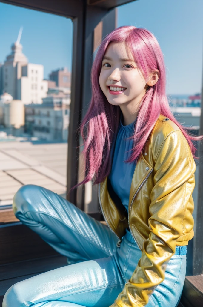 (8K, Highest quality, masterpiece:1.2), (Realistic, Photorealistic:1.37), Super detailed, One Girl,), (Very detailed), (Beautiful and detailed eyes), (Highest quality), (Very detailed ), (masterpiece), (Detailed face),20-year-old, ,1 Girl, ((Pink Hair,Long Hair)), Medium chest, Dressed, Perfect lighting, break, (yellow:1.3), (Sky blue:1.2), (leather:1.2), (Shiny:1.5), (soft leather:1.2), (satin:1.1), (silk:1.1), (Jacket:1.2), (silver rider Jacket:1.3), (yellow leather Jacket:1.3), (Wide leg pants:1.3), (white Wide leg pants:1.3), (Sky blue silk blouse:1.3), (blue silk:1.2), (heroine:1.2), (Jetman heroine:1.2), (Japanese tokusatsu heroine:1.1), (elegant:1.1), (nice:1.1), brake, (From the upper body to the knees:1.2), (long Pink Hair:1.2), (smile:1.2), (Facing diagonally:1.1), (City Park:1.2), (blue sky:1.2), (Natural light:1.2), brake

