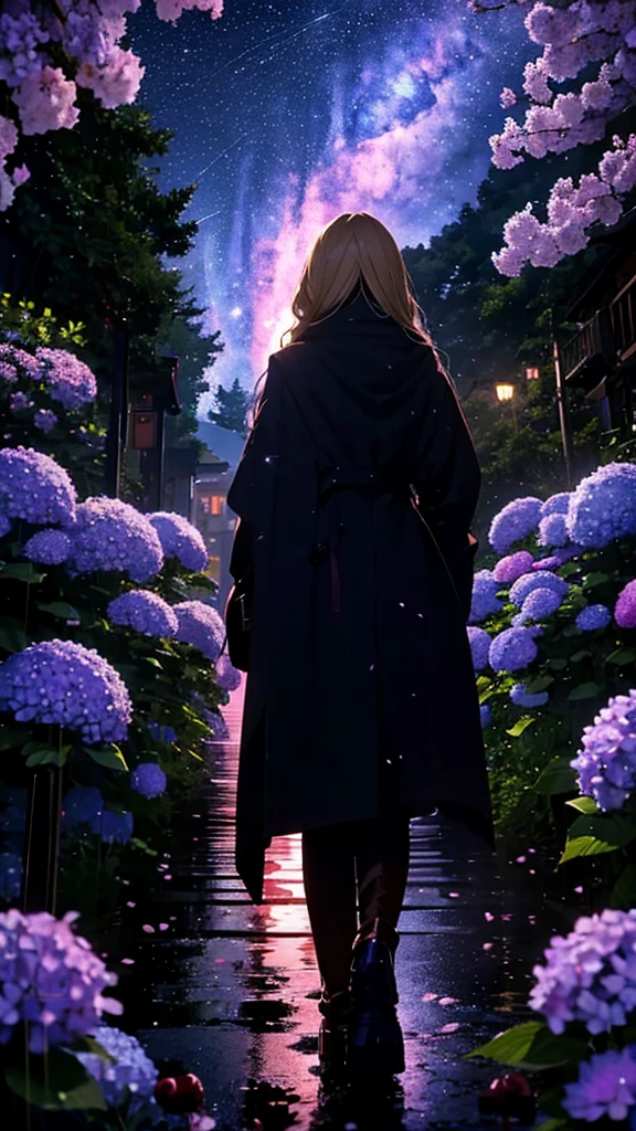 １people々々々々,Blonde long hair，Long coat，silhouette， Rear View，Space Sky, milky way, Anime Style, cherry blossoms，夜cherry blossoms，Hydrangeas bloom all around，Rainy night view from the mountainside，