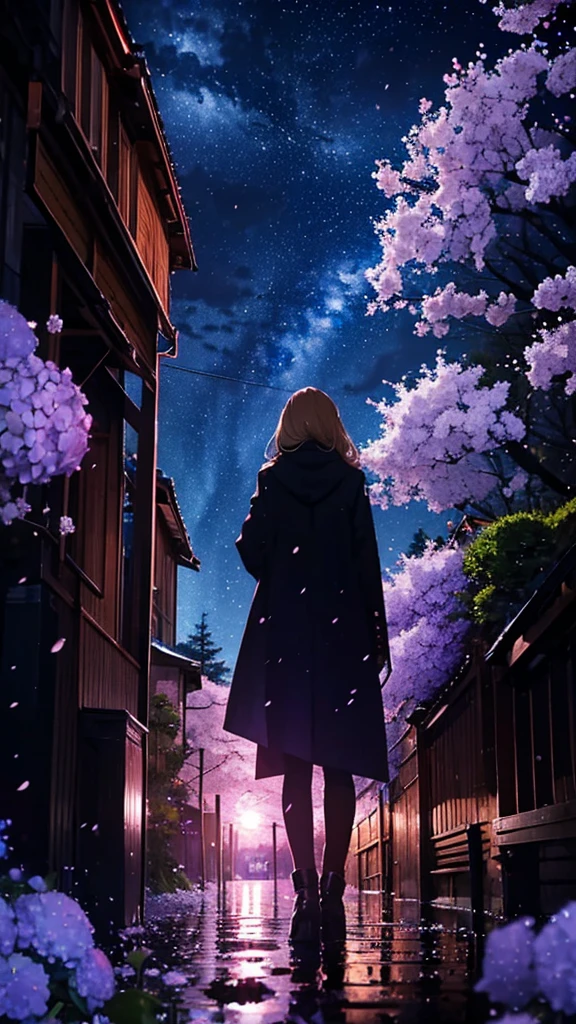 1people々々々々,Blonde long hair,Long coat,silhouette, Rear View,Space Sky, milky way, Anime Style, cherry blossoms,夜cherry blossoms,Hydrangeas bloom all around,Rainy night view from the mountainside,