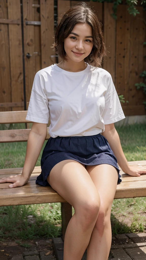 Messy hair girl with 5'5 gorgeous face and small eyes and small nose and in skirt and top stiting on a bench and with a smile and thick thighs 