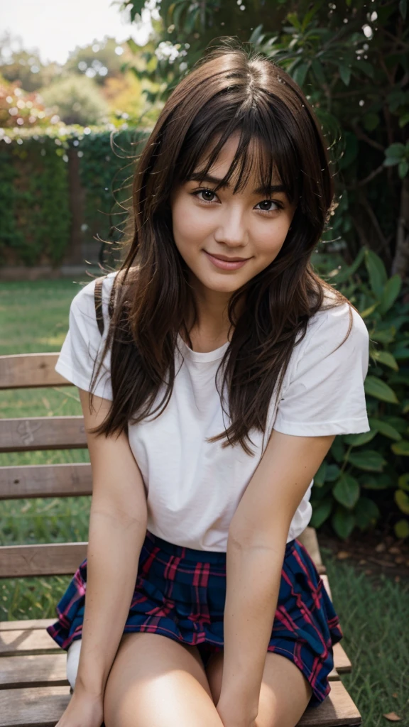 Messy hair girl with 5'5 gorgeous face and small eyes and small nose and in skirt and top stiting on a bench and with a smile and thick thighs