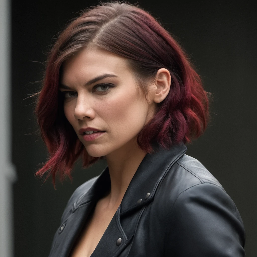 lauren_cohan, long hair, looking at viewer, red hair, black hair hair, tow colored hair, jacket open, parted lips,  depth of field, blurry background, clenched teeth, portrait, angry, realistic, ((fullbody, nude artistic))