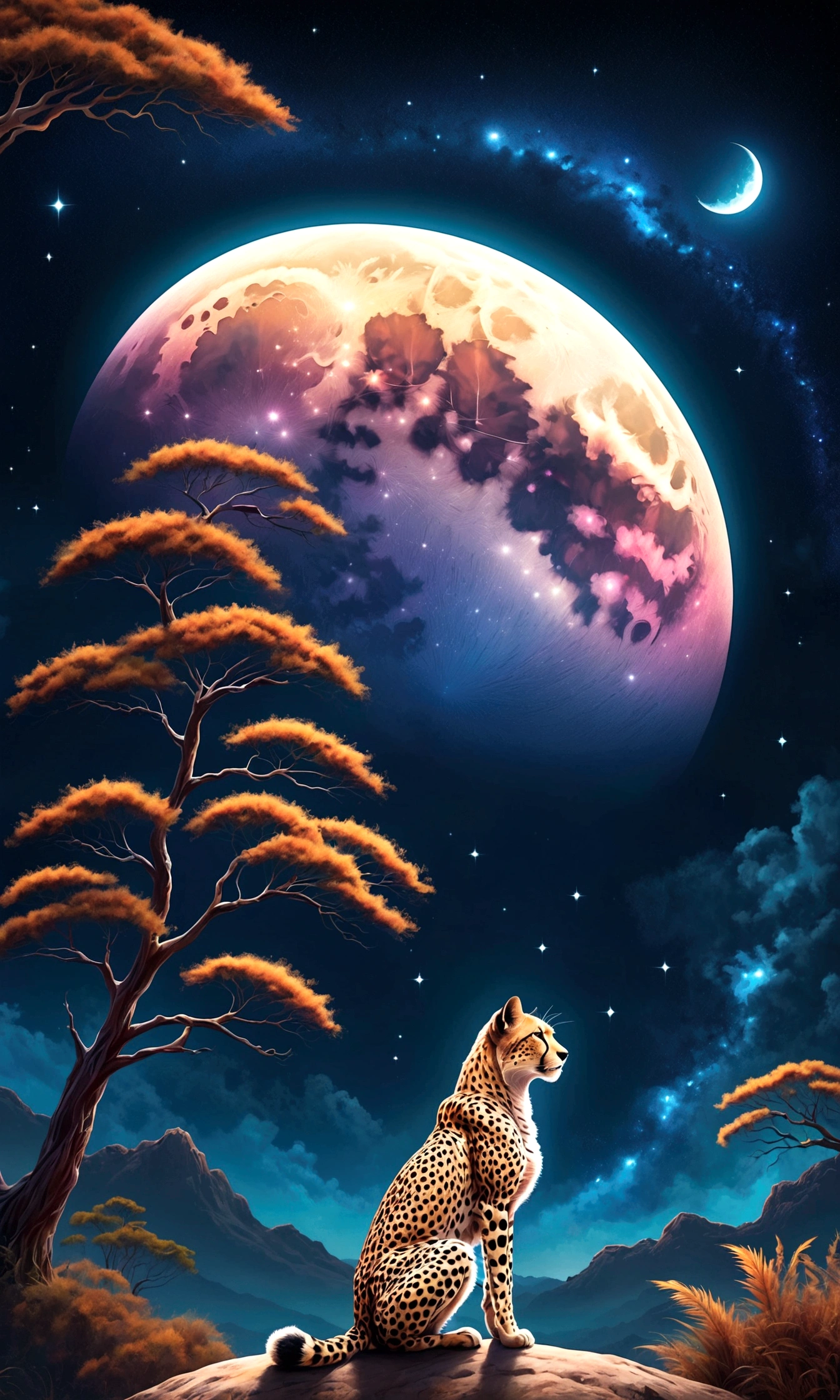 Draw a savannah landscape under the moon,A cheetah looking up at the sky,cheetah is female,This is a scene that rose from the depths of sadness and despair.,The theme is "A night of sad and beautiful memories",Match the overall atmosphere of the painting to the theme,starry skies,stardust,savannah night,Sparkling,anatomically correct,perfect anatomy,Intricate details,Wide range of colors,artwork,rendering,(masterpiece:1.3),(highest quality:1.4),(Super detailed:1.5),High resolution,Very detailed,unity 8k wallpaper,Decadent,Wind