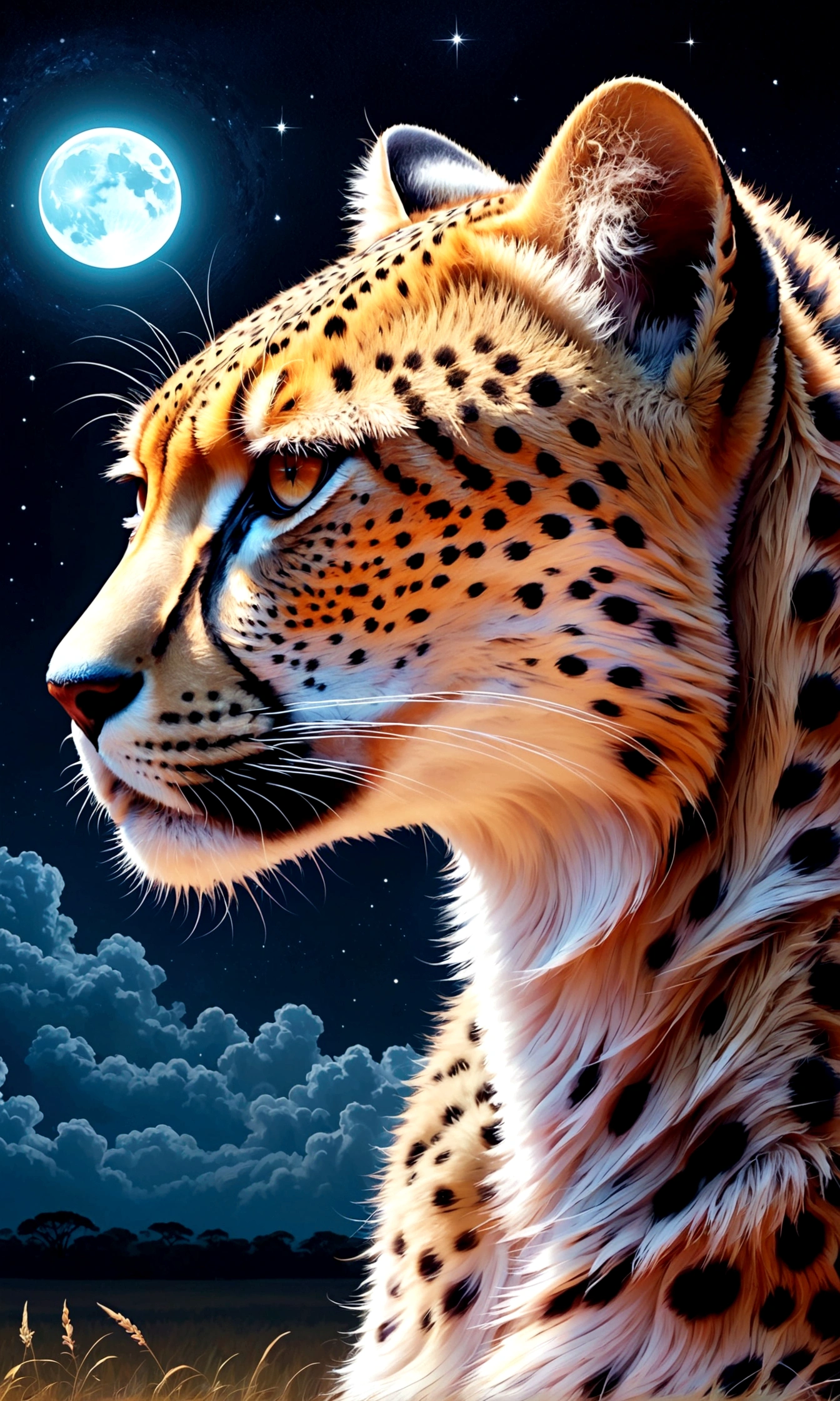 Draw a savannah landscape under the moon,A cheetah looking up at the sky,cheetah is female,This is a scene that rose from the depths of sadness and despair.,The theme is "A night of sad and beautiful memories",Match the overall atmosphere of the painting to the theme,starry skies,stardust,savannah night,Sparkling,anatomically correct,perfect anatomy,Intricate details,Wide range of colors,artwork,rendering,(masterpiece:1.3),(highest quality:1.4),(Super detailed:1.5),High resolution,Very detailed,unity 8k wallpaper,Decadent,Wind