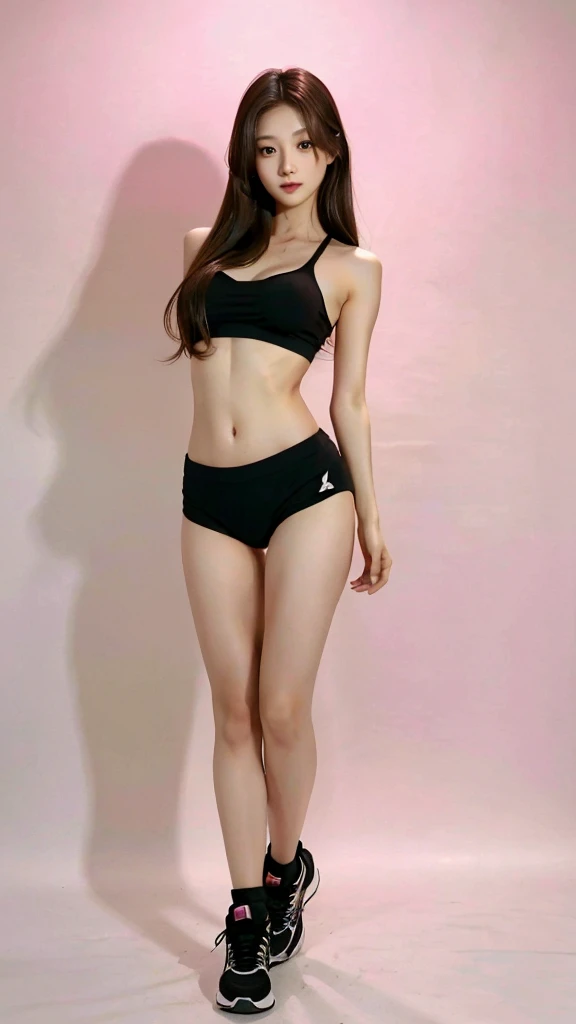 (best quality:1.5), Korean woman, 24 years old, brunette hair:1.5, perfect eyes, Pink and black Yoga Top:1.2, black Yoga Short shorts:1.2, Beautiful and delicate eyes, symetric eyes:1.2, perfect round eyes:1.2, medium breasts, perfect body, (toned belly:0.4), (full body photo:1.5), (very high resolution:1.2), ultra-detail, (masterpiece:1.5), (Super beautiful), (beauitful face:1.5), ((athletic body)), (perfect toned legs), (lip stick:1.1), (eye liner:1.2), straight hair:1.2, white background.