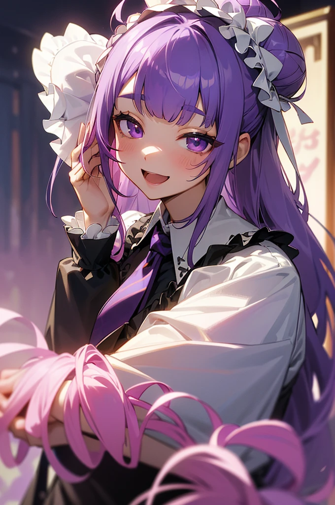 Highest quality, (((Tabletop))), (((Beautiful detailed hair))), (((Beautifully detailed skin))), alone, , young, upon, (((Purple Hair))), Purple eyes, (mascara), Blunt bangs, ((目uponの髪)), Long Hair, mixed pink hair、Mesh color pink、Medium chest, Frills, good、Black clothes、white bread cover、(((white bun hair accessory cover))),白いFrills, Too much decoration,, Faithfully, (((Eye focus))), (((Laughter))), The background is blurred, Hollow Eyes, Hollow Eyes, Bedroom Background, Displaying the viewer, (((Tie your hair up))), (((night))), Half-closed eyes, close, (((hair ornaments))), Upright body, Neatly cut bangs