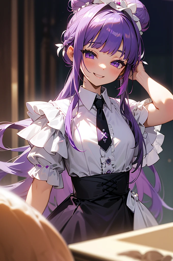 Highest quality, (((Tabletop))), (((Beautiful detailed hair))), (((Beautifully detailed skin))), alone, , young, upon, (((Purple Hair))), Purple eyes, (mascara), Blunt bangs, ((目uponの髪)), Long Hair, mixed pink hair、Mesh color pink、Medium chest, Frills, good、Black clothes、white bread cover、(((white bun hair accessory cover))),白いFrills, Too much decoration,, Faithfully, (((Eye focus))), (((Laughter))), The background is blurred, Hollow Eyes, Hollow Eyes, Bedroom Background, Displaying the viewer, (((Tie your hair up))), (((night))), Half-closed eyes, close, (((hair ornaments))), Upright body, Neatly cut bangs