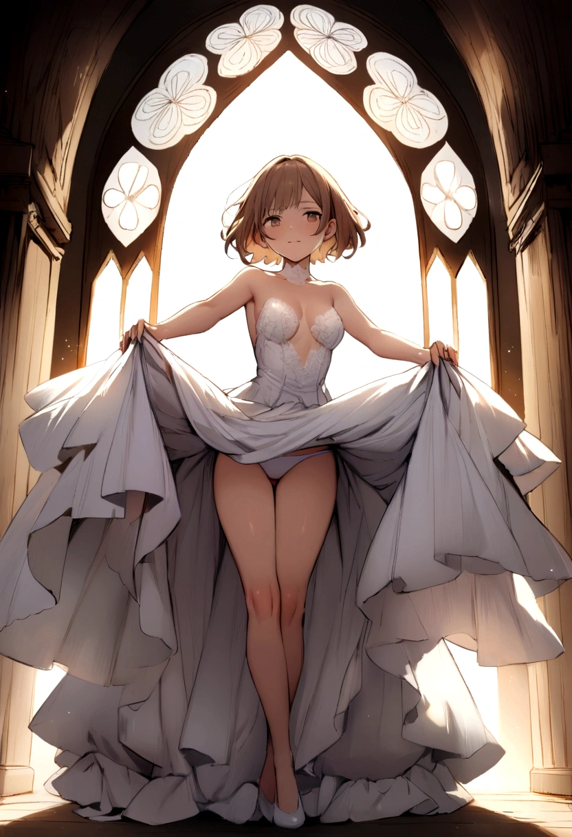 (((masterpiece))),(((High resolution)))、(((8K)))、(((Perfect Face)))、(((Pastel brown short hair))), (((Beautiful Face))), Inside the church, (((No bra))), (((Pure white fluffy wedding dress))), smile, Looking at the camera, (Thighs)、Top quality eyes, Detailed Texture, Off-the-shoulder dress, Chubby,  (((Legs spread wide))), Leg spread, The crotch is clearly visible, Age 25,, (((White panties with intricate lace embroidery))), Pulling up a dress