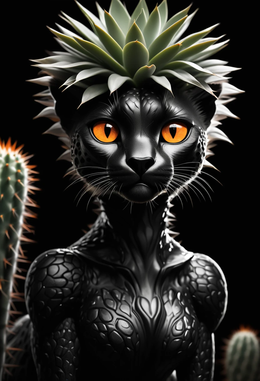 Flourishing cactus，1 cheetah in the desert, Deep orange eyes, black and white, black background, (best quality,4K,8K,high resolution,masterpiece:1.2),Extremely detailed,(Practical,photoPractical,photo-Practical:1.37),Highly detailed animal portraits, Dramatic Lighting, Powerful predator, Intense expression, Fascinating eyes, Smooth spotted fur, muscular, Low angle shot, Close-up view, Minimalist composition, High contrast
