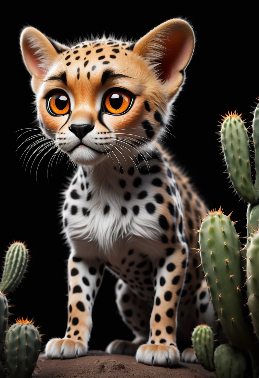 Flourishing cactus,1 cheetah in the desert, Deep orange eyes, black and white, black background, (best quality,4K,8K,high resolution,masterpiece:1.2),Extremely detailed,(Practical,photoPractical,photo-Practical:1.37),Highly detailed animal portraits, Dramatic Lighting, Powerful predator, Intense expression, Fascinating eyes, Smooth spotted fur, muscular, Low angle shot, Close-up view, Minimalist composition, High contrast