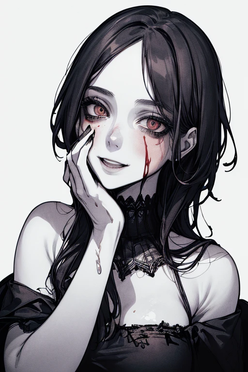 Best Quality, (Background detailed), High Contrast, Super Beautiful Girl, Detailed Original Illustration, Functional, Delicate Face, Charming, Bad Girl, Sexy, Real Breasts, Crazy Smile, Crazy Eyes, Heads Up, Pale Skin, Bloody, Bloody Shower, Bloody Dress, Bloody Makeup, Red, Black Background, (Black Background 1. 5), Beautiful Line Drawing