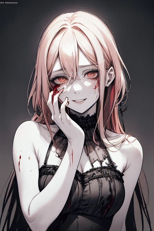 Best Quality, (Background detailed), High Contrast, Super Beautiful Girl, Detailed Original Illustration, Functional, Delicate Face, Charming, Bad Girl, Sexy, Real Breasts, Crazy Smile, Crazy Eyes, Heads Up, Pale Skin, Bloody, Bloody Shower, Bloody Dress, Bloody Makeup, Red, Black Background, (Black Background 1. 5), Beautiful Line Drawing