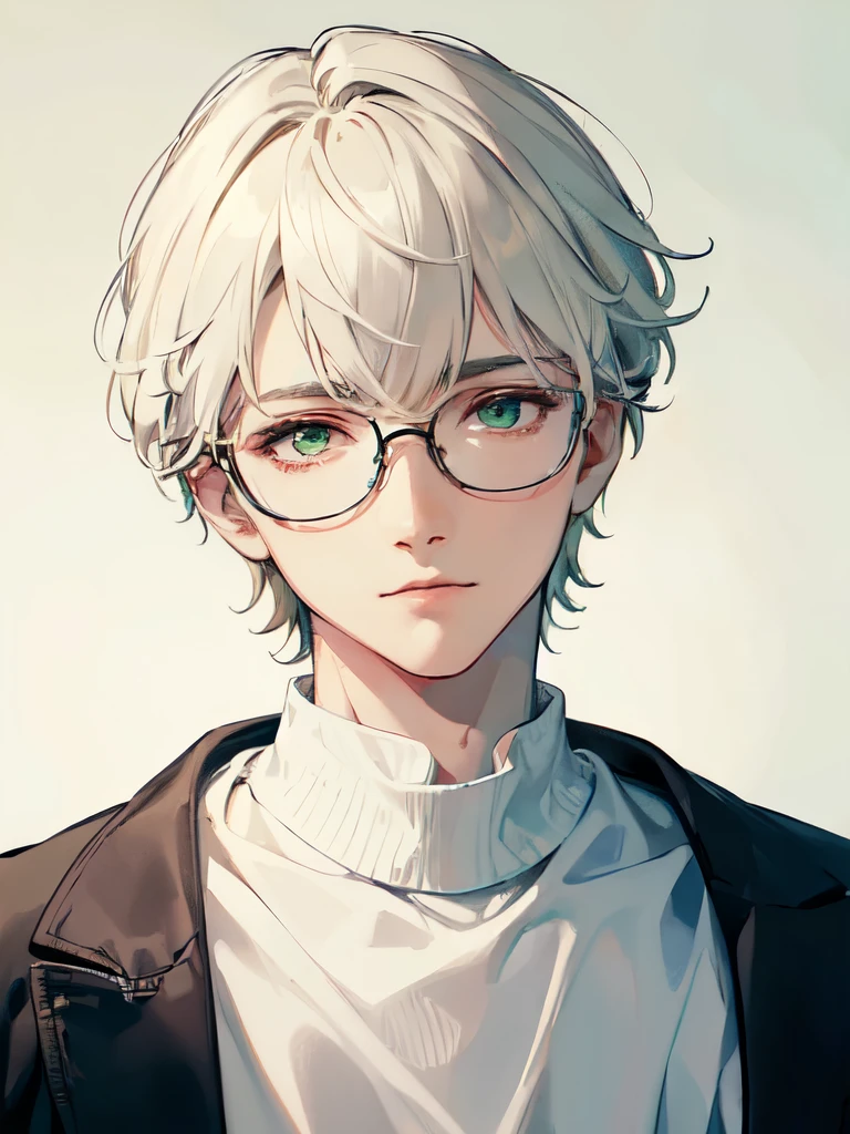 ((Masterpiece, Highest Quality)), Detailed Face, 1boy, young boy, white sweater, green eyes, (((Top Quality))), Short hair, white colored hair, Stylish glasses, soft smile ,very beautiful boy ,gentle young man