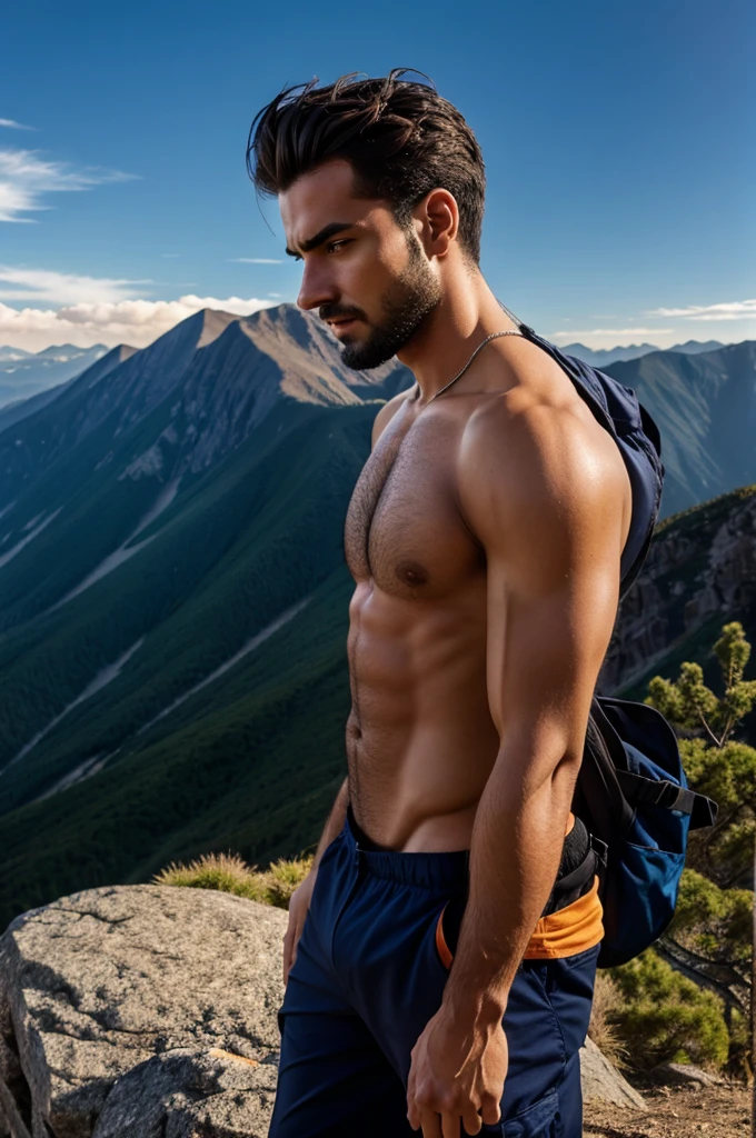 "A sigma male standing confidently on a mountain peak, natural colors highlighting his rugged features and determined expression."