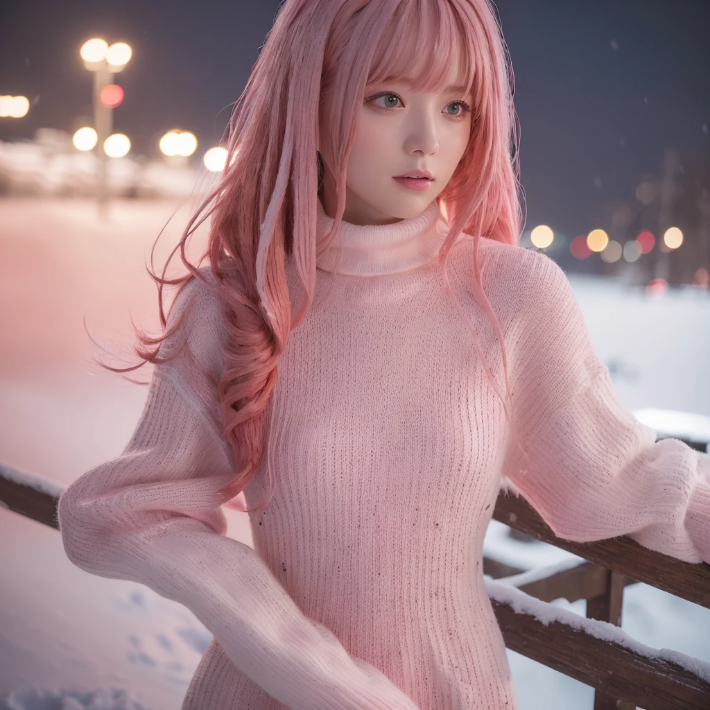 (Tabletop、Highest quality、8K、Award-winning works、(Ultra-high resolution)、One beautiful woman, (Upper Body Shot), (White turtleneck long knit sweater dress:1.1)、((Reddish pink hair:1.4)), Long Wavy Hair、Spectacular Cinema Lighting、The beginning of romantic love、Romantic and moody atmosphere、winter、Night snow scene、that's, look at me、(Huge breasts are'It will explode:1.3)、(Most of them emphasize the body line.:1.1), Blurred Background、Accurate anatomy、Ultra HD Hair、Ultra-high resolution、Ultra-high definition beauty face、Ultra HD Hair、Ultra-high definition sparkling eyes、Shining Ultra-high resolution beautiful skin、Ultra-high resolution glossy lips