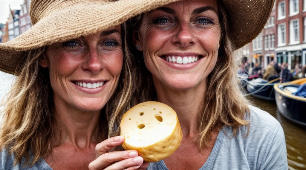 raw closeup of a stunningly beautiful woman, by the canals of holland, shops selling gouda cheese, RAW, 8K, UHD, natural lighting, perfect day, amateur, candid, extreme close up, 